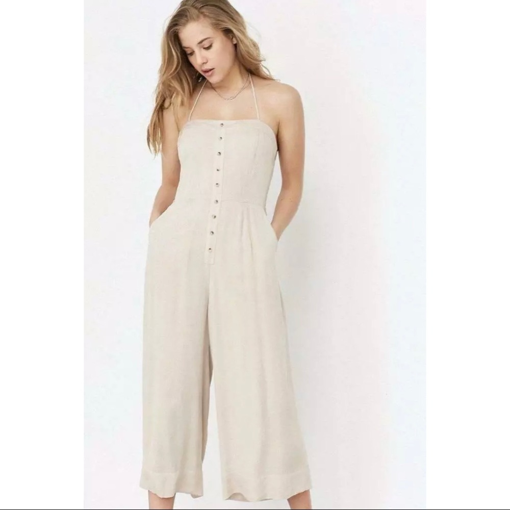 UO Silence + Noise Button-Front Gauzy Tan Jumpsuit